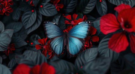 Vibrant blue butterfly resting on red flowersの素材