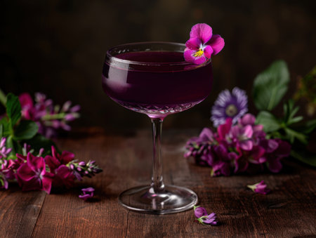 Vibrant cocktail with purple flower garnishの素材