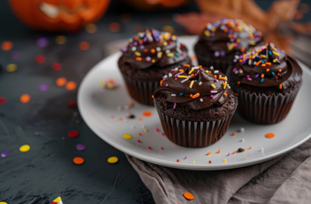 Delicious chocolate cupcakes with colorful sprinklesの素材