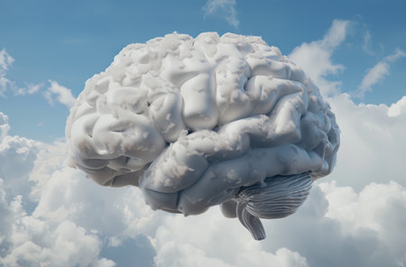 Human brain in blue sky with clouds. 3D Rendering.の素材