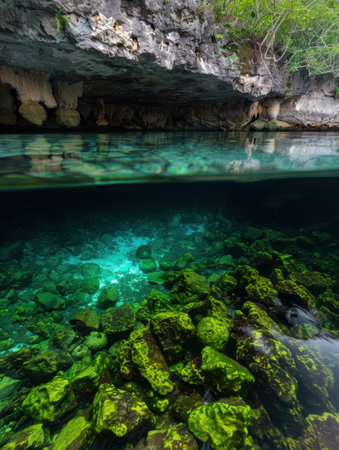 Serene underground cave with crystal clear turquoise waterの素材