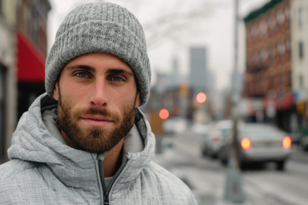 man with beard wearing gray beanie in cityの素材
