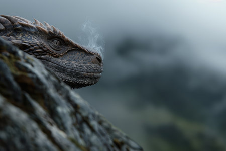 Close-up of a dragon's face with smokeの素材