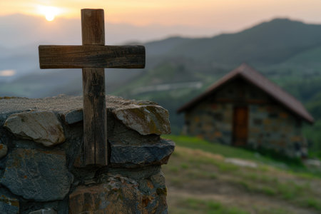 Wooden cross on rocky outcrop overlooking mountain landscape at sunsetの素材