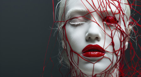 Dramatic portrait of a woman with white hair and red stringsの素材