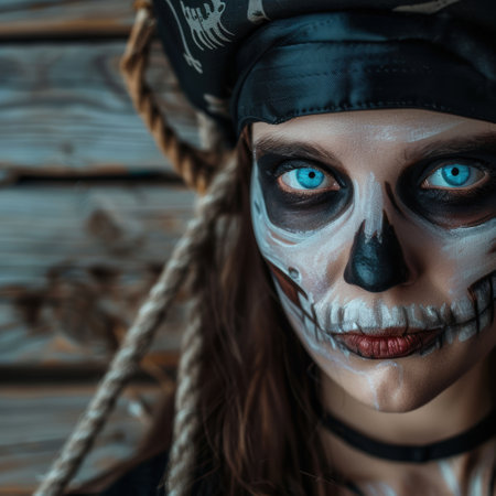 Intense blue-eyed woman with skull makeupの素材