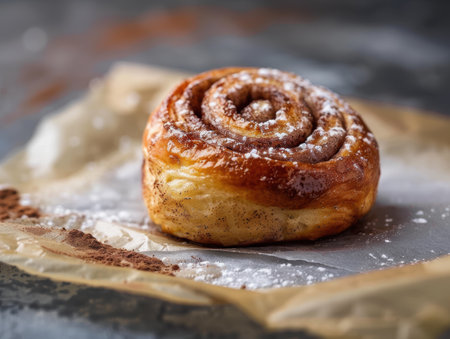 Delicious cinnamon roll pastry with powdered sugarの素材