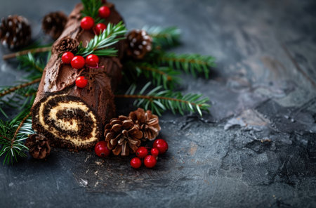 Festive Christmas chocolate cake roll with pine branches and berriesの素材