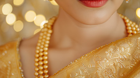 elegant woman with red lips and pearlsの素材