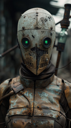 Futuristic robot with glowing green eyesの素材