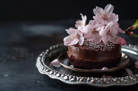 Decadent chocolate cake with pink cherry blossomsの素材