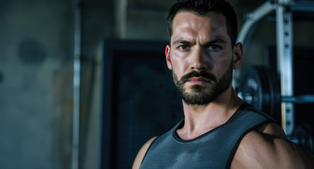 Intense man with beard in a gymの素材