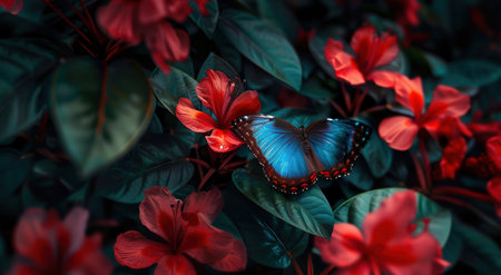 Vibrant blue butterfly on red tropical flowersの素材