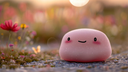 Cute pink jelly-like creature in a magical gardenの素材