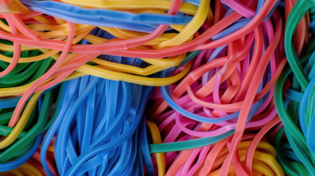 Colorful rubber bands in a tangled messの素材