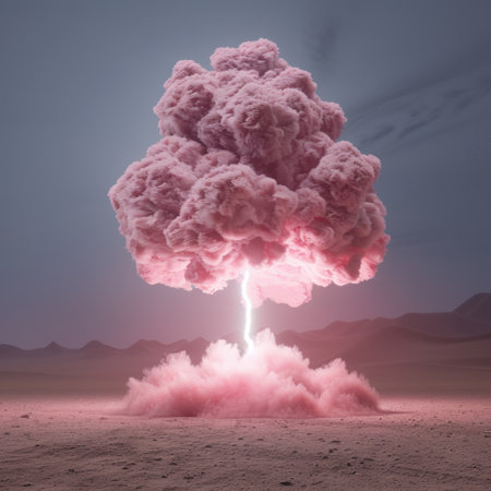 Dramatic explosion of pink smoke in desert landscapeの素材