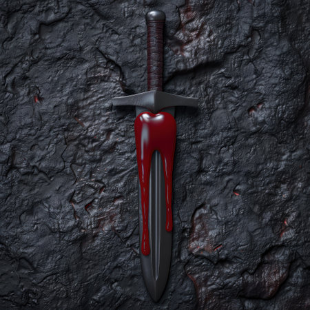 Bloody sword in dark rock backgroundの素材