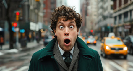 Surprised businessman with curly hair in city streetの素材