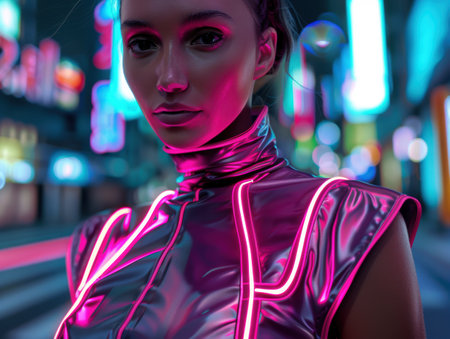 neon fashion portrait of woman in futuristic outfitの素材