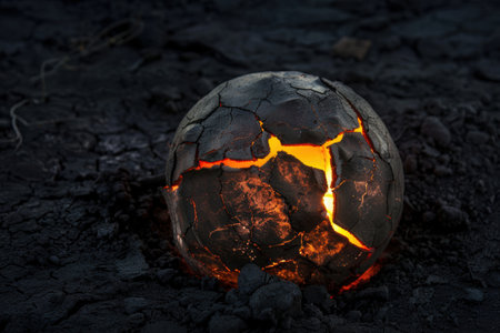 Glowing molten rock sphere in dark environmentの素材