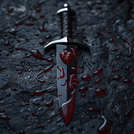 Bloody dagger on dark surfaceの素材
