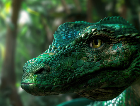 Close-up of a vibrant green iguanaの素材