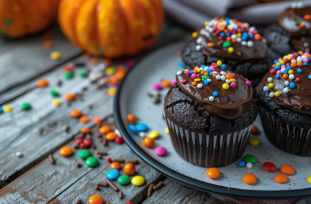 Delicious chocolate cupcakes with colorful sprinklesの素材