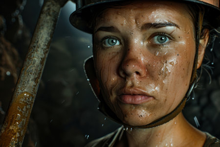 close-up portrait of a woman with wet faceの素材