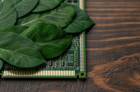 green leaves covering a circuit board on a wooden tableの素材