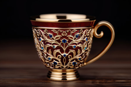 Ornate golden and red ceramic mug with intricate floral designの素材