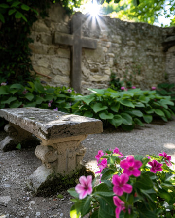 Cross and flowers in peaceful gardenの素材
