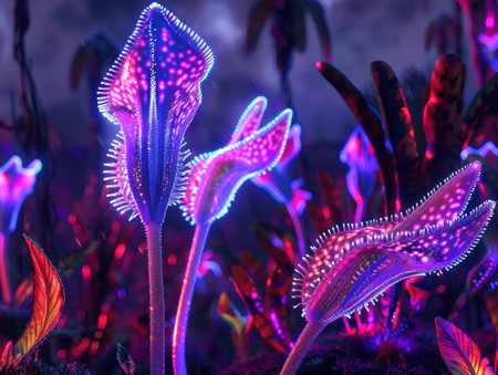 Vibrant glowing alien flowers in a fantasy landscapeの素材
