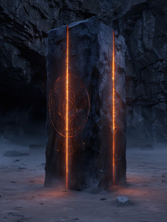 Mysterious glowing monolith in dark caveの素材