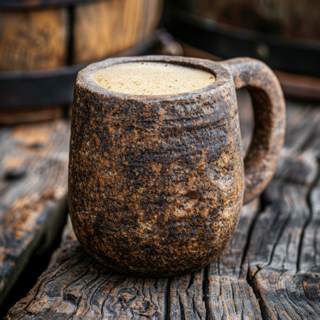Rustic ceramic mug on weathered wooden surfaceの素材