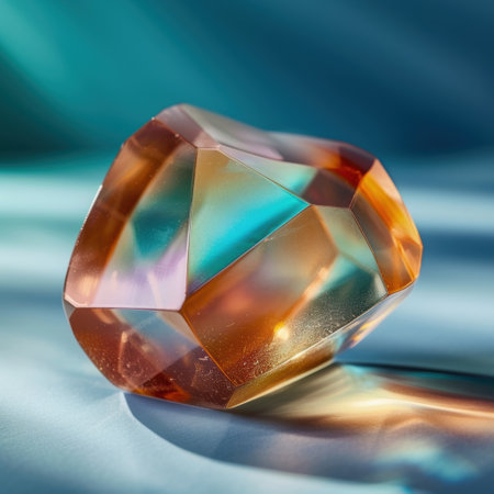 Colorful crystal gemstone against blue backgroundの素材