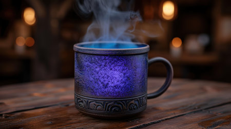 Steaming hot beverage in a decorative ceramic mugの素材