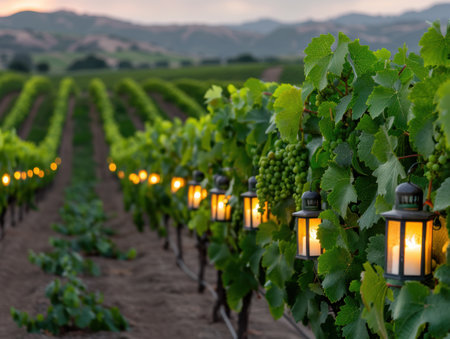 Scenic vineyard landscape at sunsetの素材