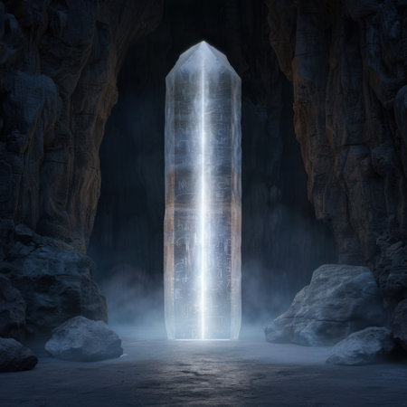 Mysterious glowing crystal obelisk in dark caveの素材