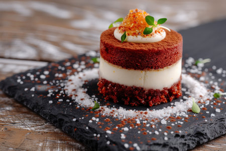 Delicious layered dessert with red velvet cake and cream cheese frostingの素材
