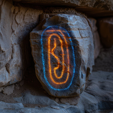Mysterious glowing symbol on ancient stoneの素材