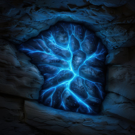 Glowing blue neural network in dark caveの素材