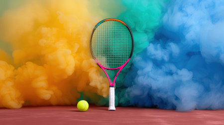 Colorful smoke and tennis racket on courtの素材