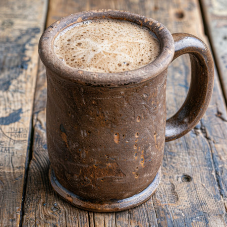 rustic ceramic mug with foamy coffeeの素材