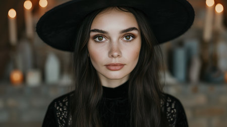 Mysterious woman in black hat and coatの素材