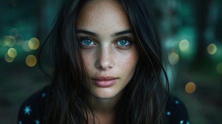 Captivating portrait of a young woman with striking blue eyes and dark hairの素材