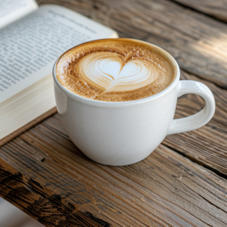 cup of coffee with heart-shaped latte art on wooden tableの素材