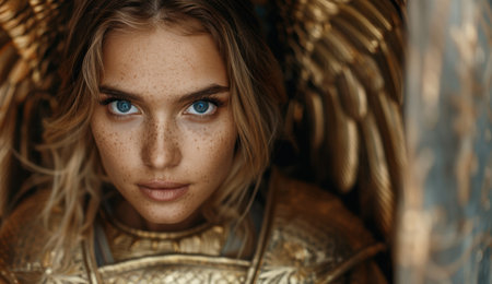 Captivating portrait of a woman with striking blue eyes and frecklesの素材