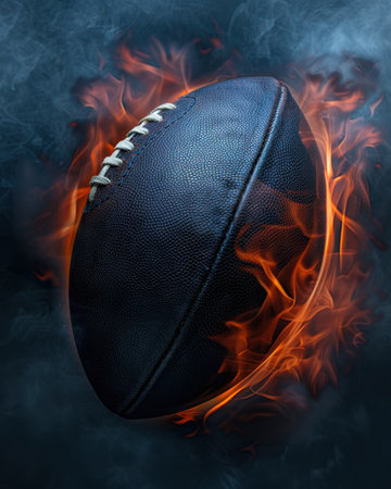 Flaming american football in dark smokeの素材
