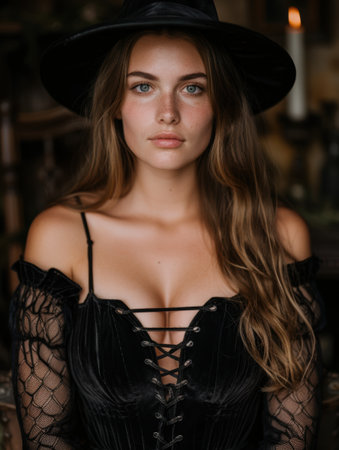 mysterious woman in black lace dress and hatの素材