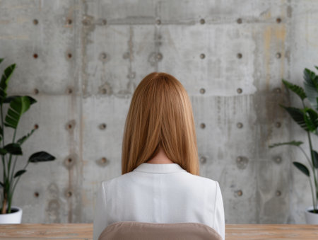 woman with long brown hair standing in front of concrete wallの素材
